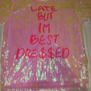 Pink Sequin Top with Bold Text